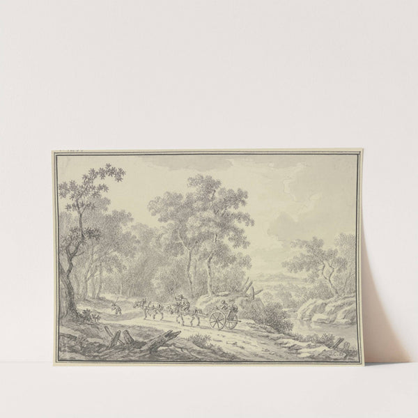 Auf einem Waldweg fährt ein zweirädiger Karren mit zwei hintereinander gespannten Pferden by Johann Christoph Dietzsch