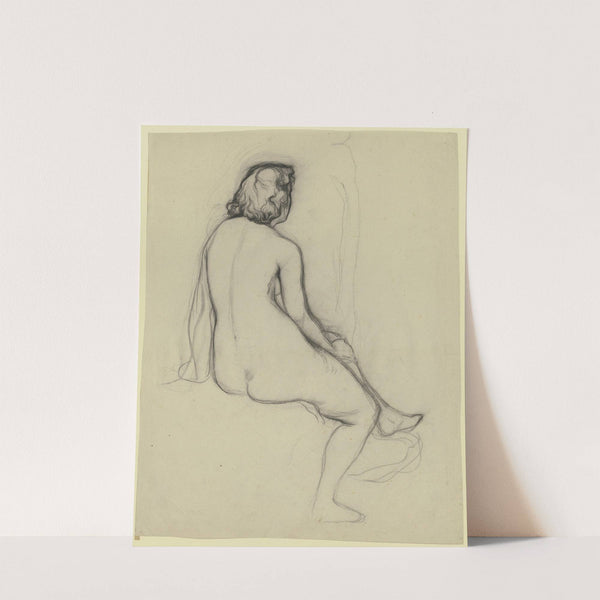 Auf einer Erhebung sitzender weiblicher Akt in Rückenansicht by Victor Müller