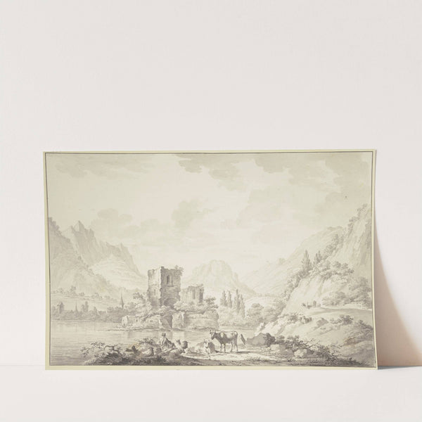 Auf einer Insel in einem Fluß eine Ruine, von hohen Bergen umgeben, vorne ein Hirte mit einigem Vieh by Jean George Teissier