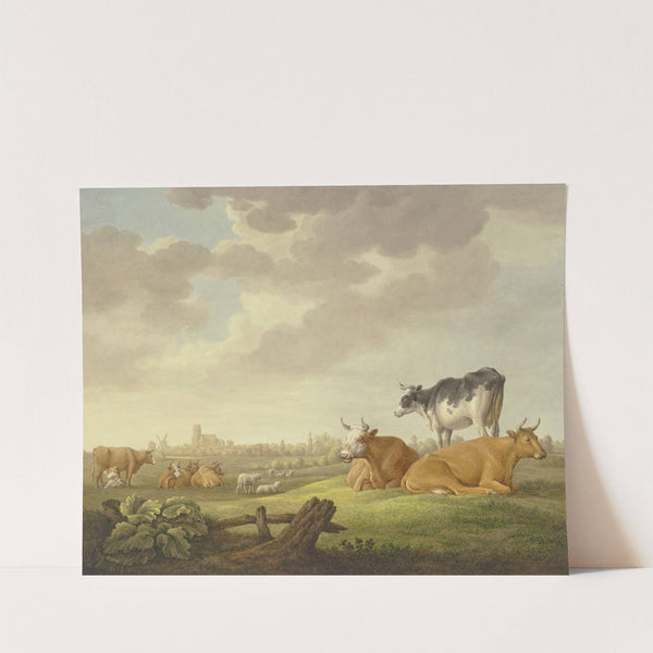 Auf einer Wiese Kühe und Schafe, in der Ferne eine Stadt, links eine Melkerin by Aelbert Cuyp