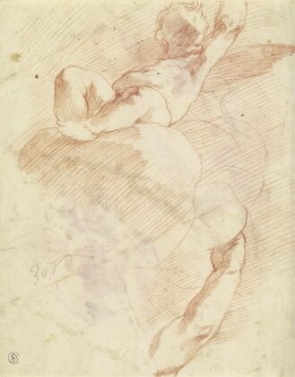 Auf einer Wolke sitzender Putto in Untersicht