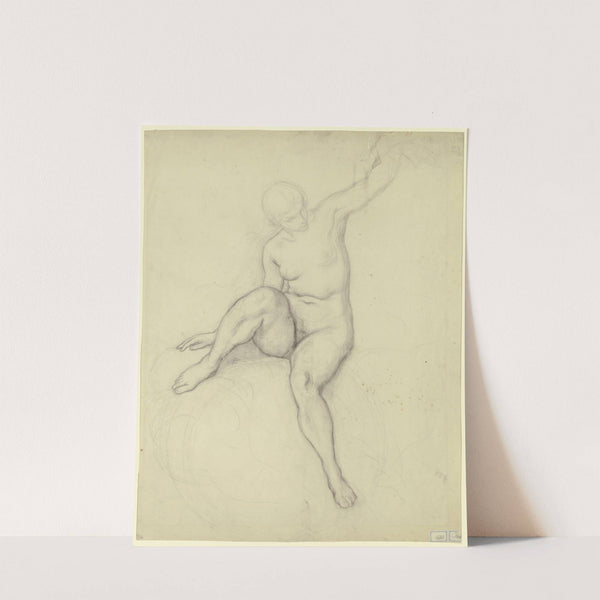 Auf einer Wolke sitzender weiblicher Akt in Vorderansicht, den linken Arm erhoben by Victor Müller