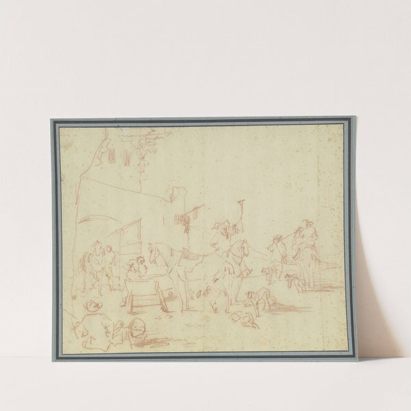 Aufbrechende Jagdgesellschaft an einem Gehöft by Gottlieb Welté