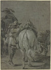 Aufsteigender Reiter, eine Flinte auf dem Rücken, dabei ein anderer Reiter und ein Mann, der einen Korb auf dem Rücken trägt