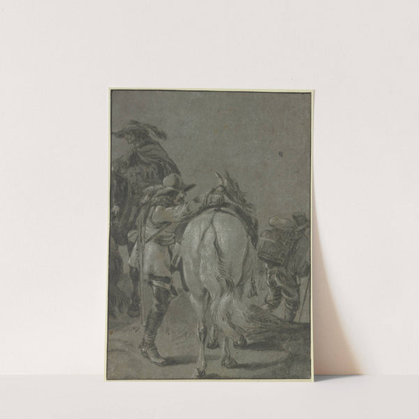 Aufsteigender Reiter, eine Flinte auf dem Rücken, dabei ein anderer Reiter und ein Mann, der einen Korb auf dem Rücken trägt by Pieter van Laer