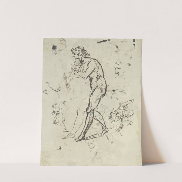 Ausschreitende Figur mit vor der Brust verschränkten Armen und leicht nach vorn gebeugtem Oberkörper, dazu über das Blatt verstreute Federproben by Jacob de Wit