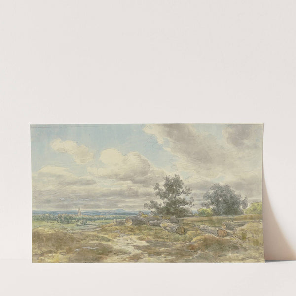 Aussicht über eine Ebene, im Vordergrund umherliegende abgesägte Baumstämme by Anton Burger