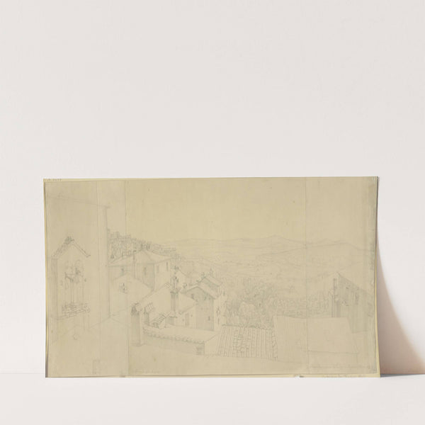 Aussicht von der Wohnung des Künstlers über die Dächer von Perugia mit dem Haus des Perugino, aus dessen Fenster ein Raucher blickt (1824) by Nikolaus Hoff