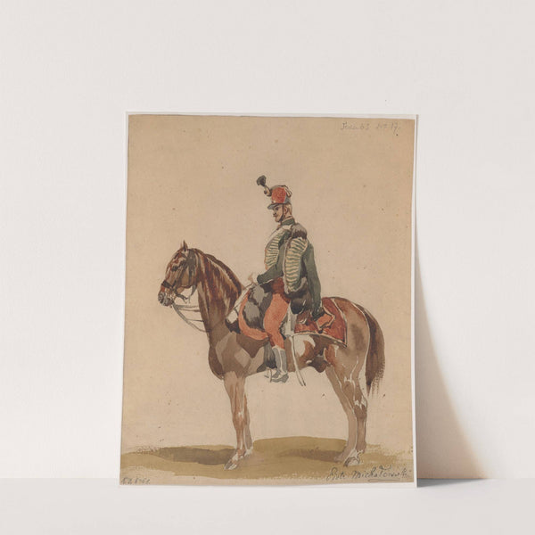 Austrian Hussar on a bay horse by Piotr Michałowski