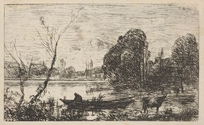 Avray Town; Pond with boatman (Effect of evening) (1862)