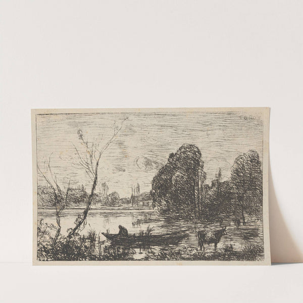 Avray Town; Pond with boatman (Effect of evening) (1862) by Jean-Baptiste-Camille Corot