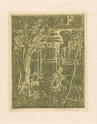 Kind op klompen bij de ingang van een huis (1915)