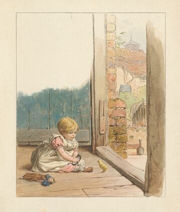Baby Girl with Doll, Watching Chick