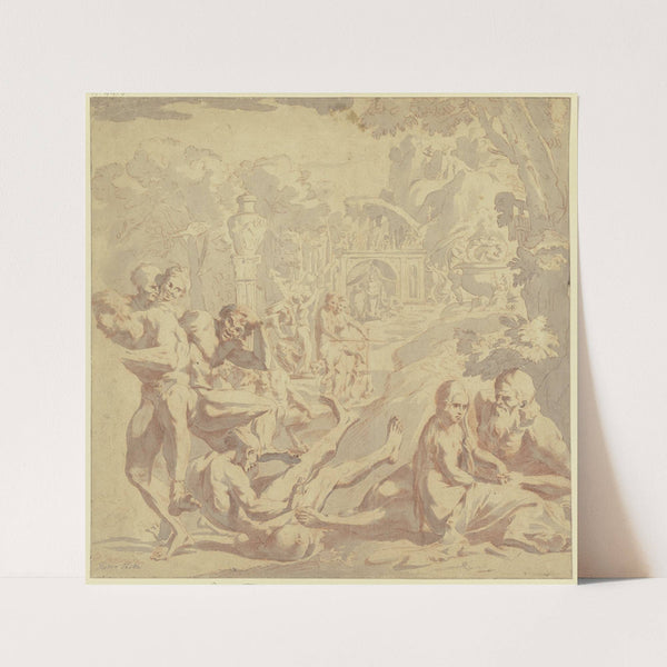 Bacchanal, rechts liebkost ein alter Mann ein Mädchen, links fällt ein Mann über einen Weinschlauch by Pietro Testa