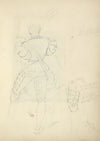 Back view of a man in breeches and doublet, with horn and knife in a sheath; detail of leg and foot