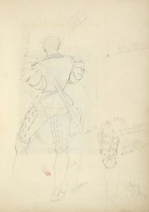 Back view of a man in breeches and doublet, with horn and knife in a sheath; detail of leg and foot