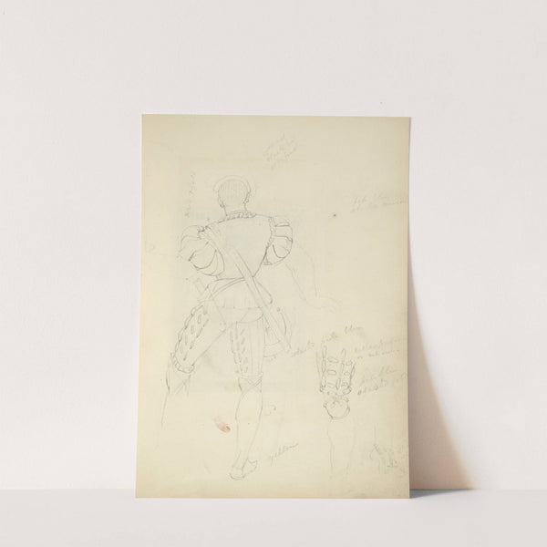 Back view of a man in breeches and doublet, with horn and knife in a sheath; detail of leg and foot by Stewart Watson