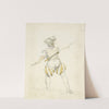 Back view of a man in pantaloons, tights and hat drawing back a spear by Stewart Watson