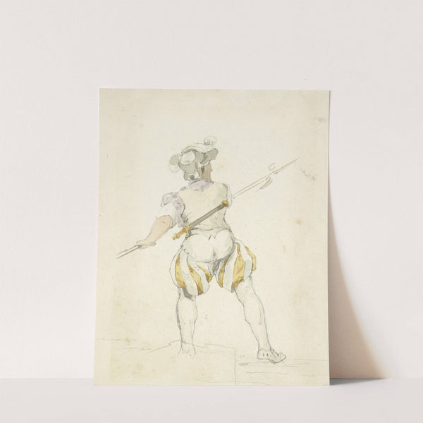 Back view of a man in pantaloons, tights and hat drawing back a spear by Stewart Watson