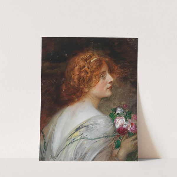 Back View Of A Young Woman In Profile With A Bouquet Of Roses In Her Hands by Eduard Veith