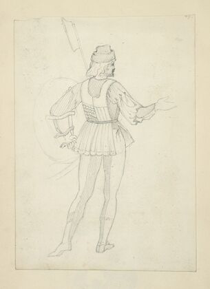 Back view of man in hat, vest and tights