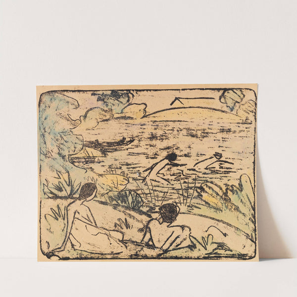 Badeszene mit vier Figuren, Haus und Boot (1914) by Otto Mueller