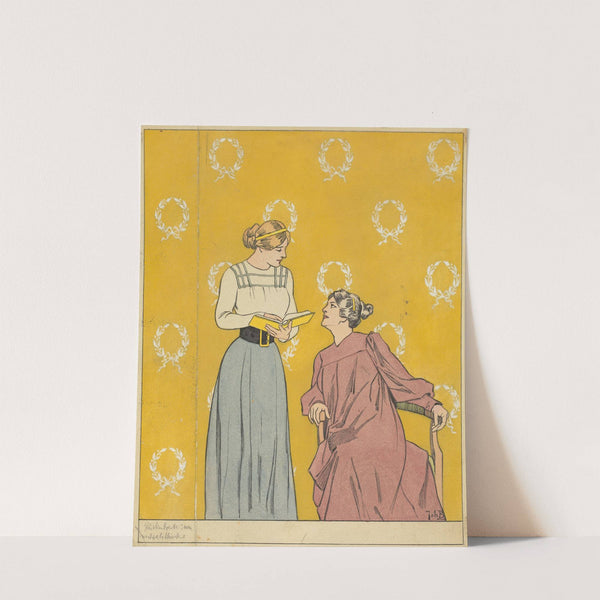 Bandontwerp met twee vrouwen met een boek by Johan Braakensiek