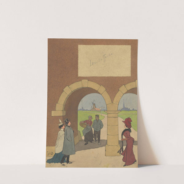 Bandontwerp met wandelaars bij een poortgebouw by Johan Braakensiek