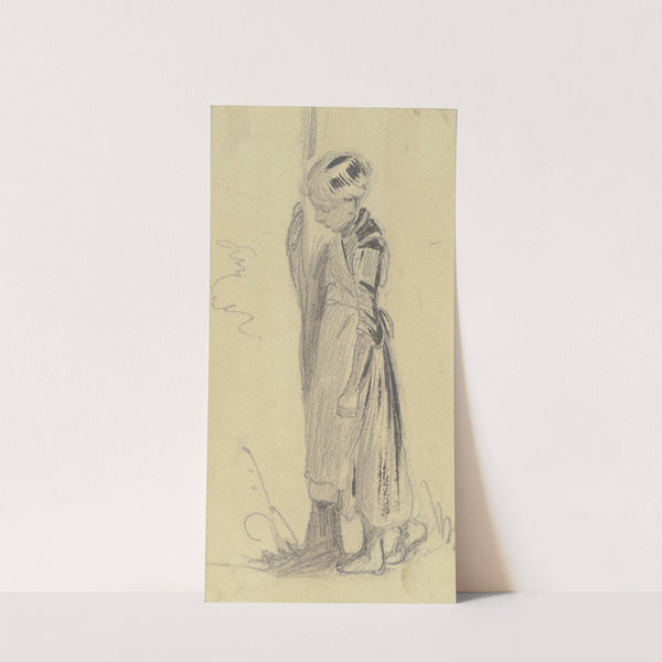 Barfüßiges Mädchen im Profil nach links, an einen Baumstamm gelehnt und diesen umfassend by Jakob Fürchtegott Dielmann