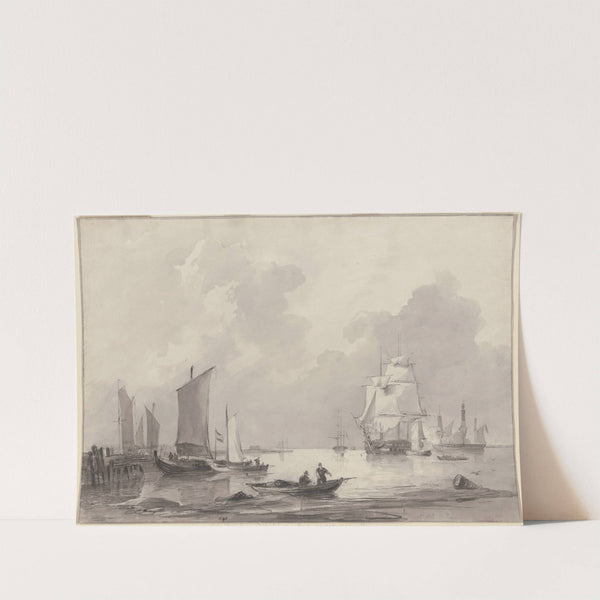 Barken am Strande, rechts größere Schiffe mit Kanonen, vorne rechts eine Barke by Johannes Christiaan Schotel