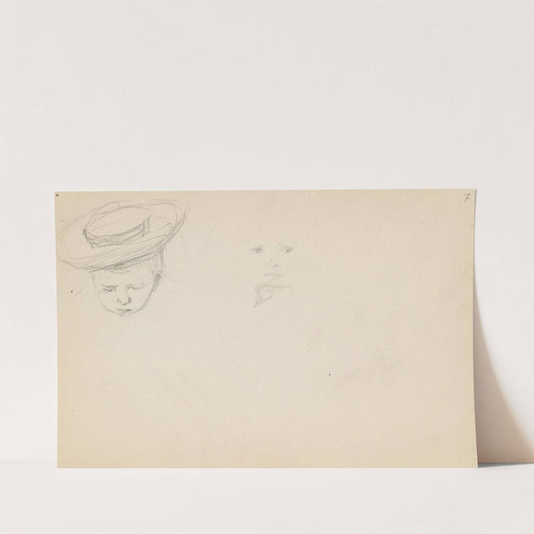 Barn med hatt; riss av barneansikt by Signe Scheel