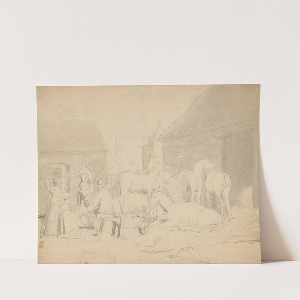 Barnyard scene with three people by well and horses by John Rubens Smith