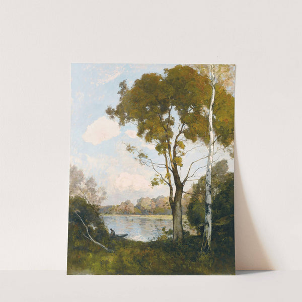 Barque au soleil couchant, deux grands arbres à droite by Paul Lecomte