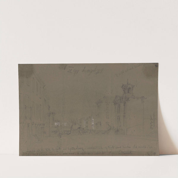 Barricade at the R.R. Depot in Gettysburg, constructed of Dirt cars, timber, old carts, &c. by Alfred Rudolph Waud