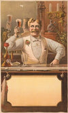 Bartender standing behind a bar, holding up a glass of beer in his right hand (1889)