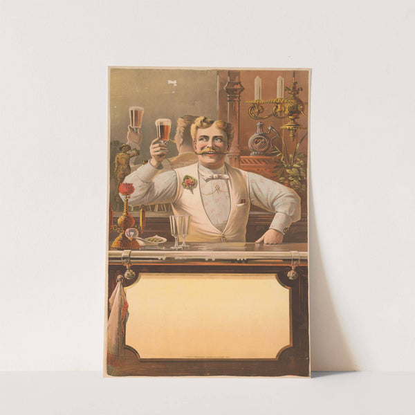 Bartender standing behind a bar, holding up a glass of beer in his right hand (1889) by Henderson-Achert Litho. Co.