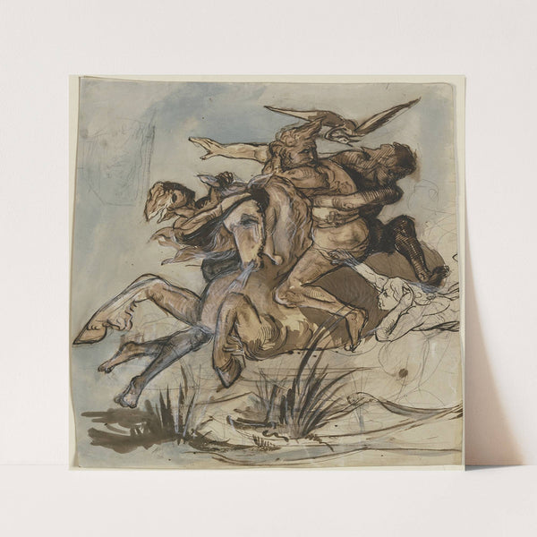 Bärtiger Mann in Begleitung eines Vogels auf einem Pferd im gestreckten Galopp, drei Gestalten suchen beide niederzuringen by Victor Müller