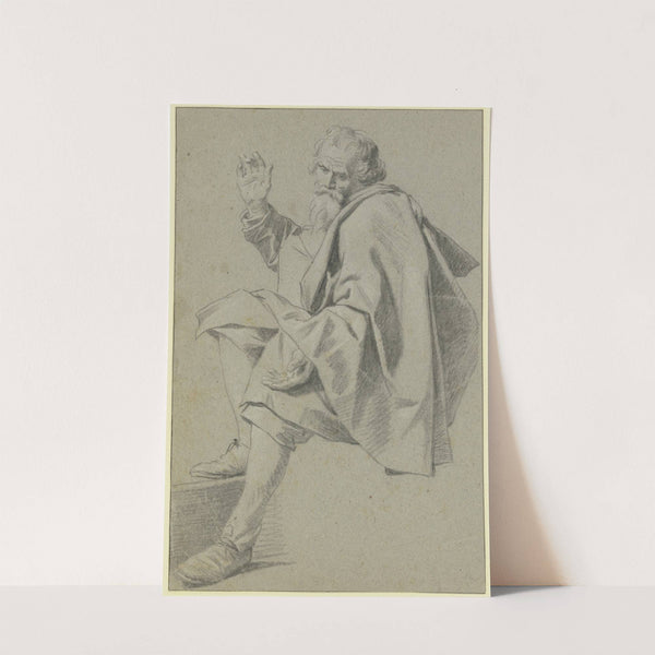 Bärtiger Mann sitzend nach links, die Rechte mit angewinkeltem Mittelfinger erhoben by Gabriel Metsu