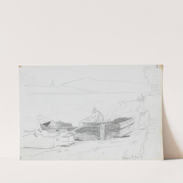 Båter og figurer på stranden, Chiemsee by Hans Gude