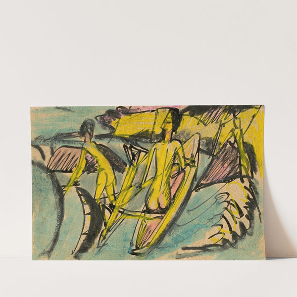 Bathing women with dugout canoe at Fehmarn beach (1914) by Ernst Ludwig Kirchner