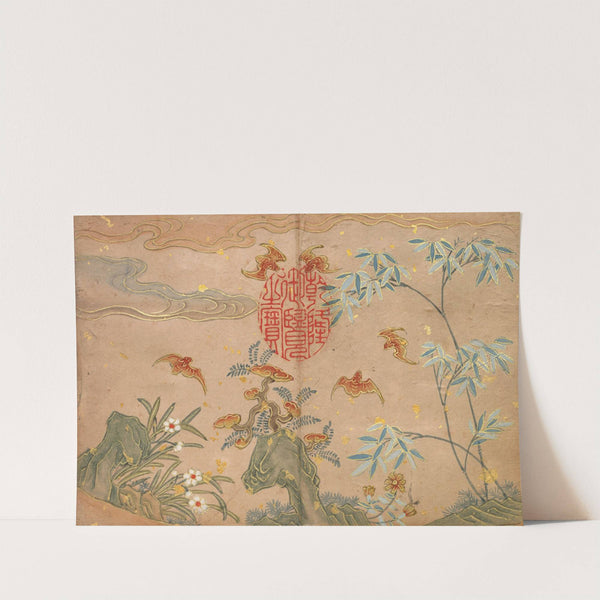 Bats, rocks, flowers oval calligraphy by Zhang Ruoai