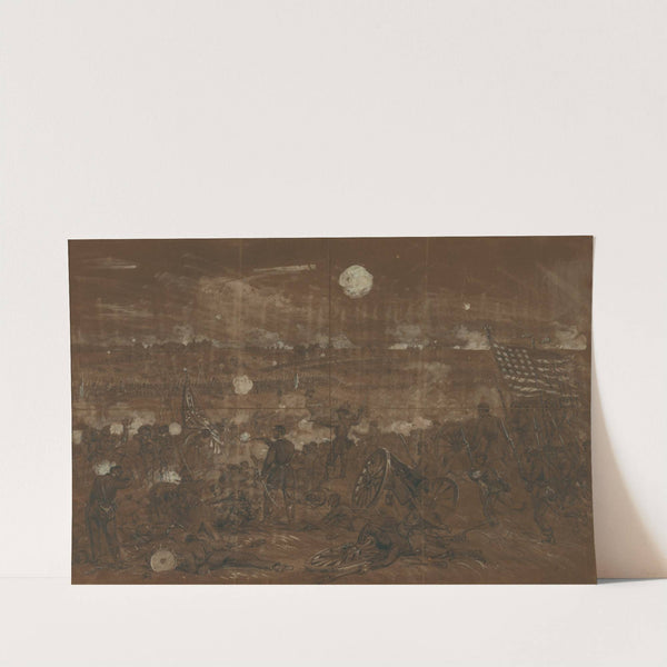 Battle of Gettysburg. Longstreet’s attack upon the left center of the Union lines. Blue Ridge in distance (1863) by Alfred Rudolph Waud