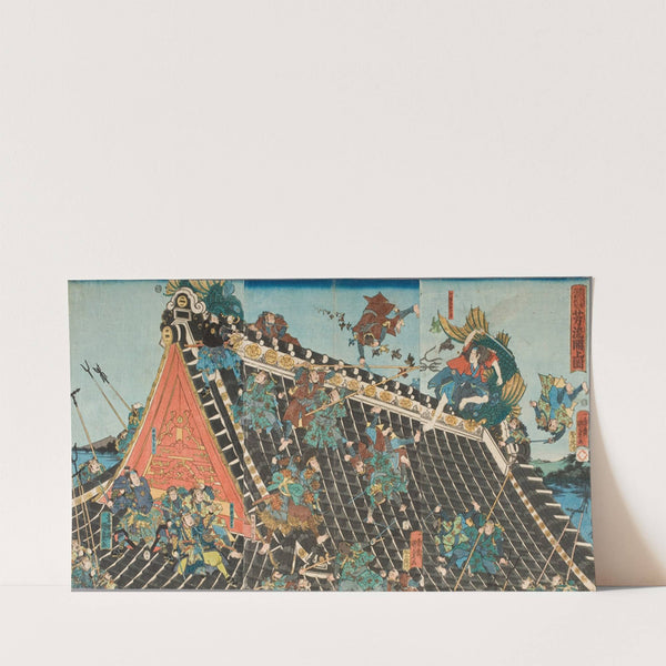 Battle on roof of Hōryūkaku, from the Play ‘Tale of the Eight Dogs’ (Hakkenden) (1854) by Utagawa Kunisada II
