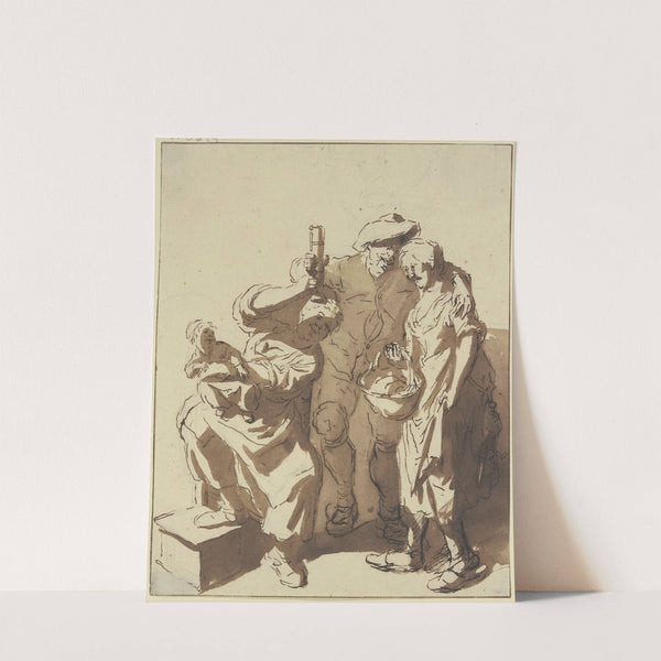 Bauer mit einem Glas zwischen zwei Frauen, die eine mit einem Kind, die andere mit einem Korb by Cornelis Dusart