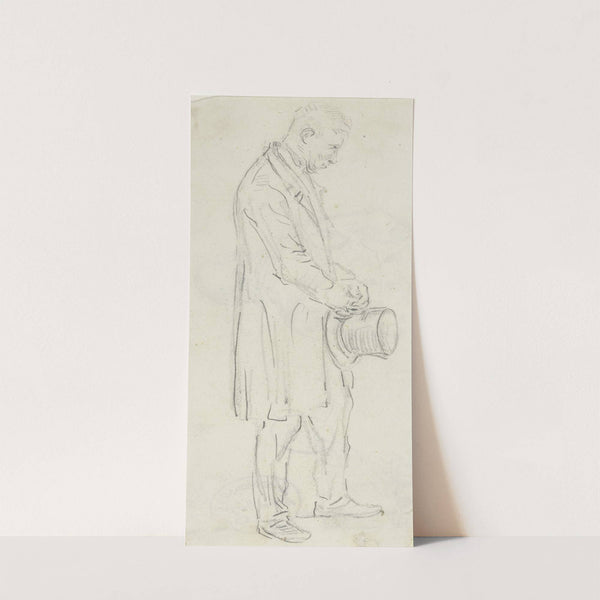 Bauer mit gesenktem Kopf und Zylinder in den Händen by Anton Burger