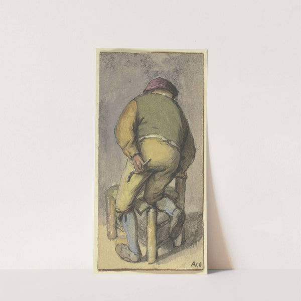Bauer von hinten, mit dem rechten Bein auf einem Stuhl kniend by Adriaen van Ostade