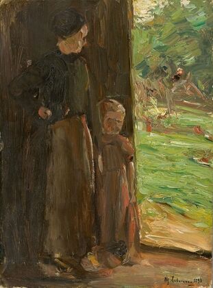 Bäuerin mit Kind unter der Tür – Frau und Kind in der Haustür