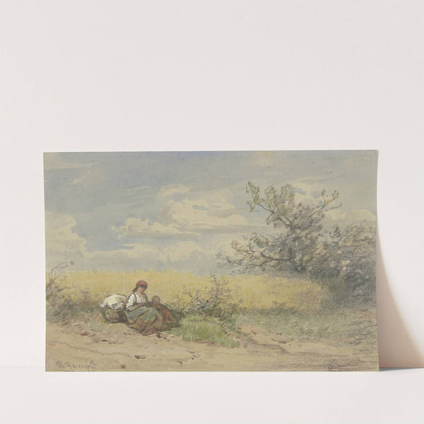 Bäuerin mit Kind vor einem reifen Kornfeld ruhend by Philipp Rumpf