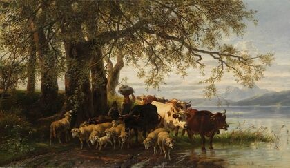 Bäuerin und Hirtenjunge mit Rinder- und Schafherde am Seeufer (1878)