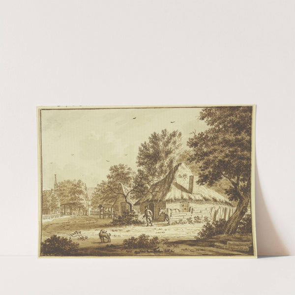 Bauerndorf, ein Mann führt ein Pferd aus seinem Hof, vorne ein Hund by Theodor de Bruyn